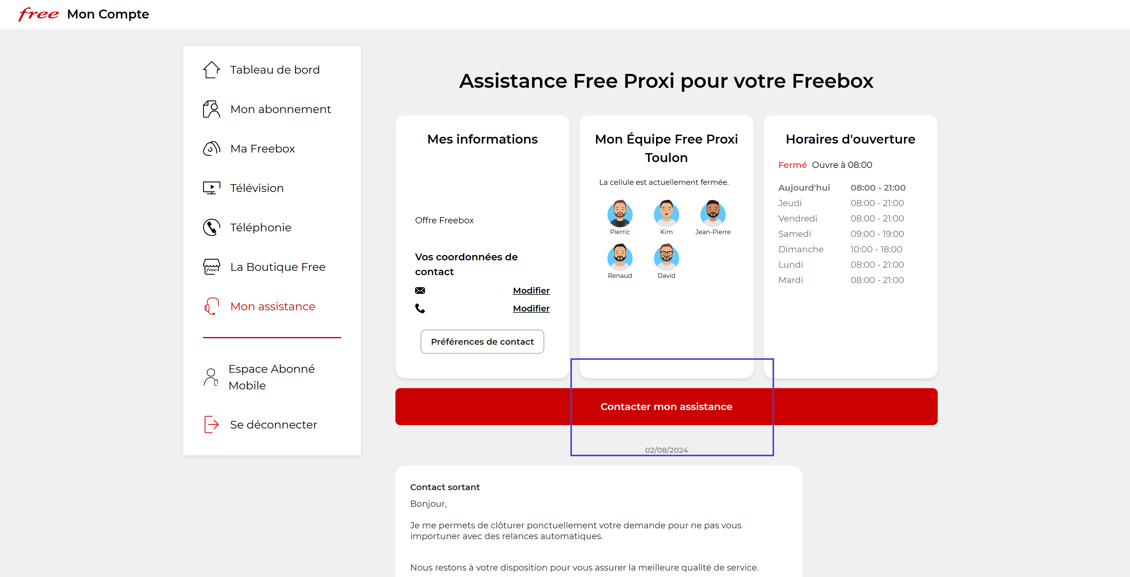 Page Mon assistance - Free Proxi Toulon